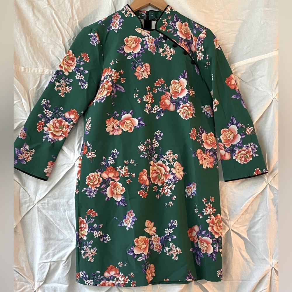 Zara Green Mandarin Collared Cheongsam Floral Dress Size Small